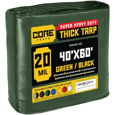 Core Tarps Heavy Duty Tarp, 60 ft L x 0.5 mm H x 40 ft W, 20 Mil, Green/Black, Polyethylene CT-703-40X60